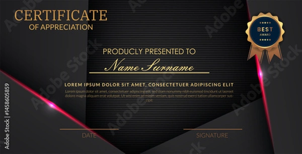 Obraz Creative certificate of appreciation best award template with abstract black pink light background, Use for print, certificate, diploma, graduation eps10 vector template