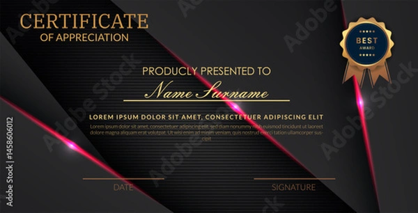 Obraz Creative certificate of appreciation best award template with abstract black pink light background, Use for print, certificate, diploma, graduation eps10 vector template