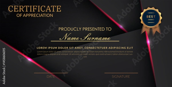 Obraz Creative certificate of appreciation best award template with abstract black pink light background, Use for print, certificate, diploma, graduation eps10 vector template