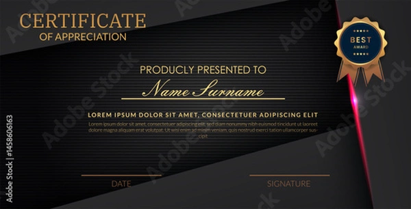 Obraz Creative certificate of appreciation best award template with abstract black pink light background, Use for print, certificate, diploma, graduation eps10 vector template