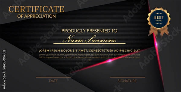 Obraz Creative certificate of appreciation best award template with abstract black pink light background, Use for print, certificate, diploma, graduation eps10 vector template