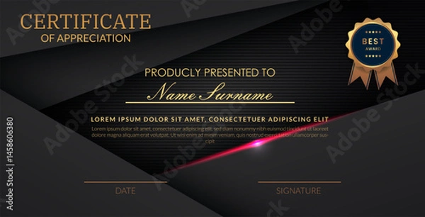 Obraz Creative certificate of appreciation best award template with abstract black pink light background, Use for print, certificate, diploma, graduation eps10 vector template