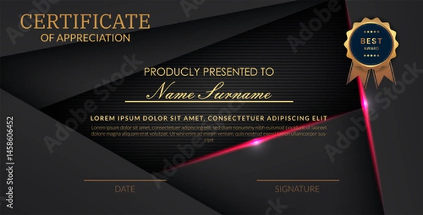 Obraz Creative certificate of appreciation best award template with abstract black pink light background, Use for print, certificate, diploma, graduation eps10 vector template