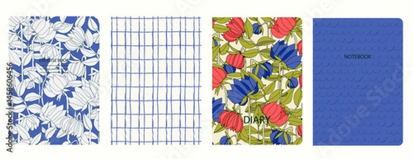 Obraz Set of cover page templates with hand drawn flowers, branches, leaves. Based on seamless patterns. Backgrounds for notebooks, notepads, diaries. Headers isolated and replaceable