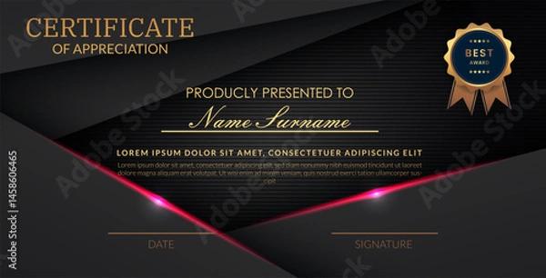 Obraz Creative certificate of appreciation best award template with abstract black pink light background, Use for print, certificate, diploma, graduation eps10 vector template