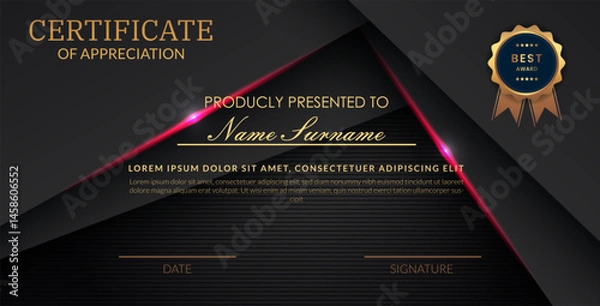 Obraz Creative certificate of appreciation best award template with abstract black pink light background, Use for print, certificate, diploma, graduation eps10 vector template