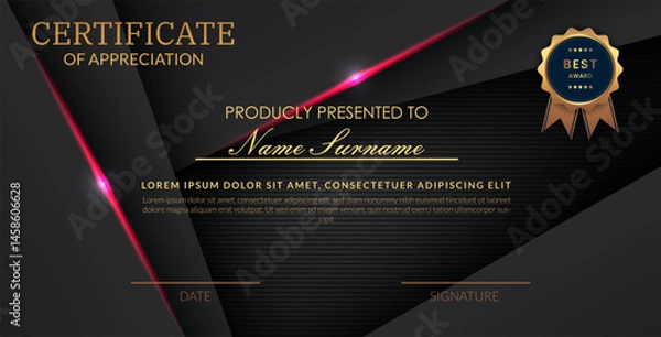 Obraz Creative certificate of appreciation best award template with abstract black pink light background, Use for print, certificate, diploma, graduation eps10 vector template
