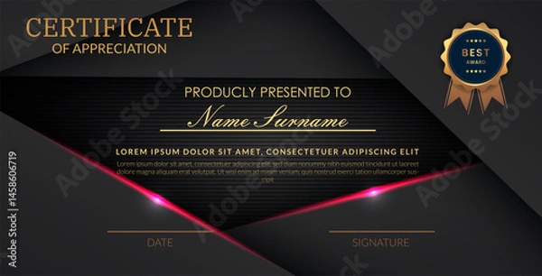 Obraz Creative certificate of appreciation best award template with abstract black pink light background, Use for print, certificate, diploma, graduation eps10 vector template