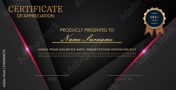 Obraz Creative certificate of appreciation best award template with abstract black pink light background, Use for print, certificate, diploma, graduation eps10 vector template