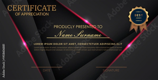 Obraz Creative certificate of appreciation best award template with abstract black pink light background, Use for print, certificate, diploma, graduation eps10 vector template