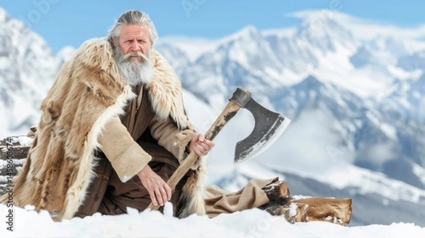 Fototapeta Elderly Man in Fur Cloak Holding Axe in Snowy Mountain Landscape