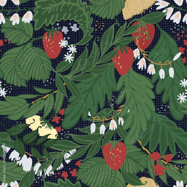 Obraz Seamless repeating pattern. Tree branches with strawberries and lilies of the valley. Colofull vector illustrations on dark background for surface design and other design projects.