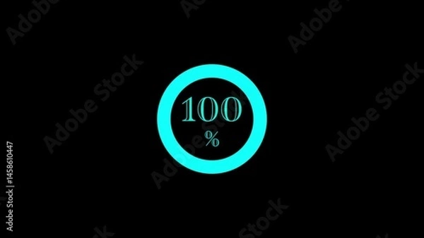 Obraz Cyan circular progress indicator displaying "100%" on black background, futuristic digital completion gauge, modern minimalist design for tracking progress