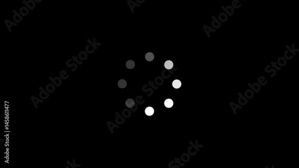Fototapeta Loading icon with circular white dots on black background, digital buffering animation, abstract wait indicator, technology interface element, seamless graphic for online processes, UI/UX design asset