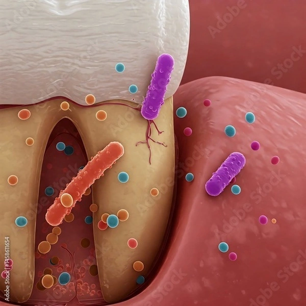 Fototapeta  bacteria interacting with the surface of a human tooth under high magnification in a petri dish