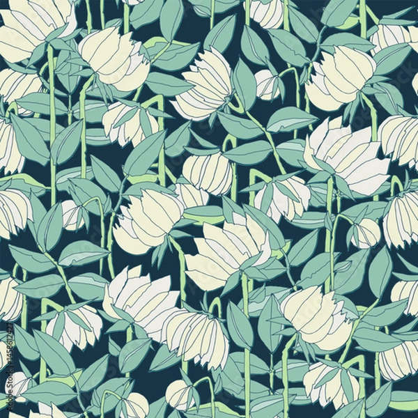 Obraz Seamless pattern with hand drawn meadow bold flowers. Colorful illustrations on blue background for surface design and other design projects
