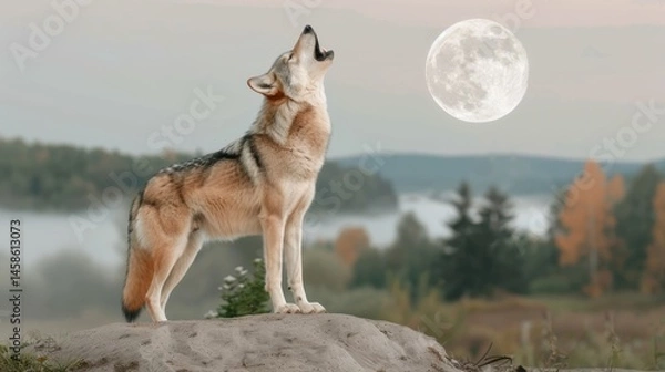 Fototapeta Majestic Wolf Howling Under Full Moon in Serene Landscape
