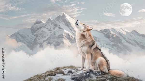 Fototapeta Howling Wolf on Snowy Mountain Under Bright Full Moonlight