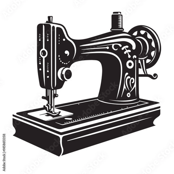 Fototapeta Silhouette illustration of a classic vintage sewing machine on white background, A Sewing machine vector silhouette on a white background, Minimalist Sewing Machine Vector Silhouette, sewing machine.