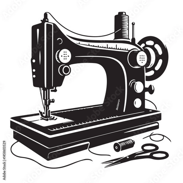 Fototapeta Silhouette illustration of a classic vintage sewing machine on white background, A Sewing machine vector silhouette on a white background, Minimalist Sewing Machine Vector Silhouette, sewing machine.