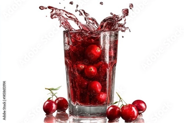 Fototapeta A dramatic splash of cranberry juice with fresh cranberries in a glass, vibrant and refreshing.