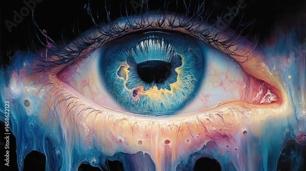 Fototapeta Surreal Melting Eye in Vivid Blue with Dripping Colorful Textures.
