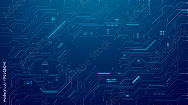 Obraz Abstract digital background with circuit line elements in technology blue. Circuit board vector illustration. Tech network bg with text in the center. Great for web banners.