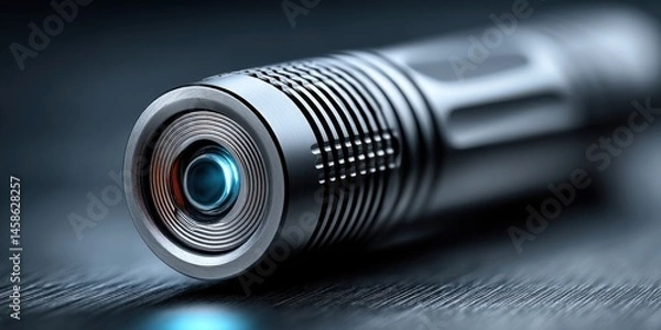 Fototapeta Close-up View of a Futuristic Silver Cylinder with Concentric Circles, Geometric Design, and a Glowing Center on a Dark Surface