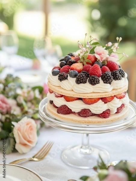 Fototapeta Three-tiered cake on a glass cake stand. the cake is decorated with fresh berries and whipped cream. the berries include strawberries, raspberries, blackberries, and blueberries.