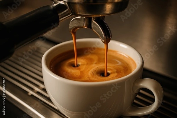Fototapeta Espresso being poured into a cup from a coffee machine with precision