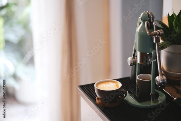 Obraz Bangkok, Thailand - Apr, 30 2025: robot coffee maker Cafelat manual brewing tool. Latte Art in cup with coffee making at home