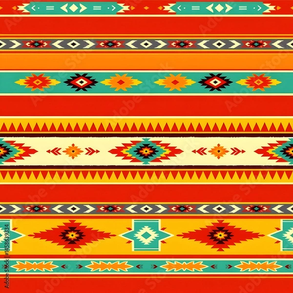 Fototapeta Ethnic Southwestern cotton fabric with vivid rustic motifs, seamless pattern.