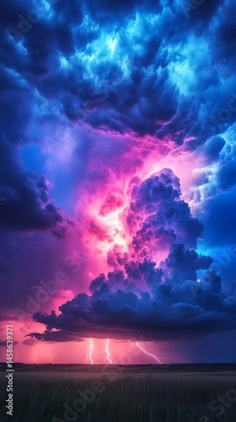 Fototapeta Dramatic storm with lightning strikes across sky