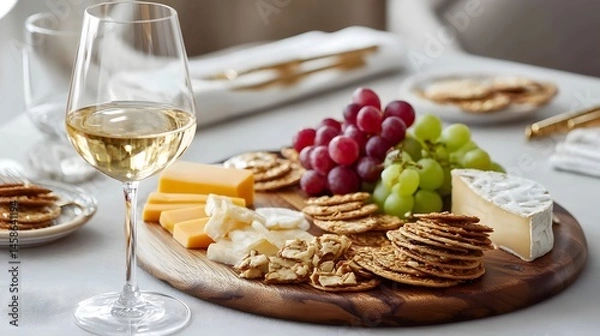Fototapeta Elegant cheese board with grapes crackers and wine glass