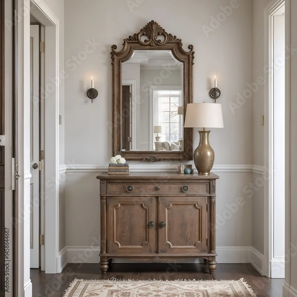 Fototapeta Stylish entryway with antique mirror and simple storage cabinet 
