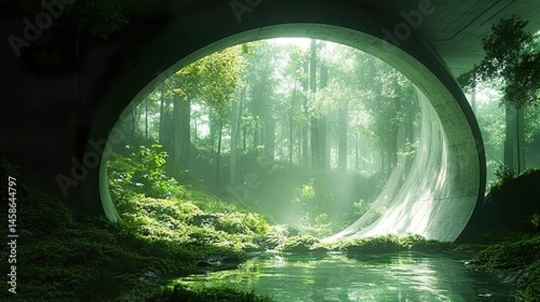 Fototapeta A round tunnel with green trees and misty light inside, a river flowing through the forest outside, creating an atmosphere of tranquility and natural beauty. 