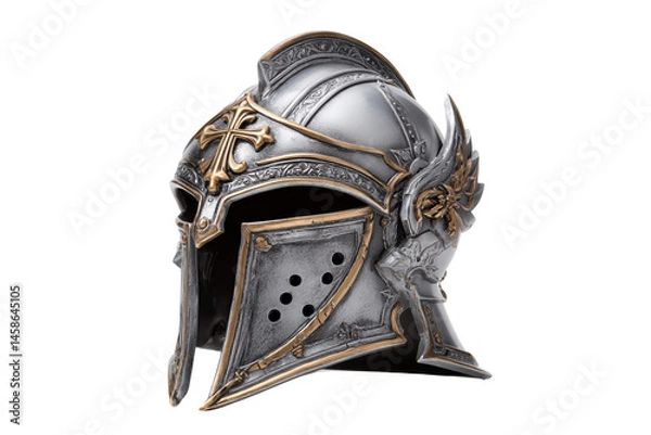 Fototapeta Ancient warrior helmet with intricate designs and a plume. Png, Isolated on background.