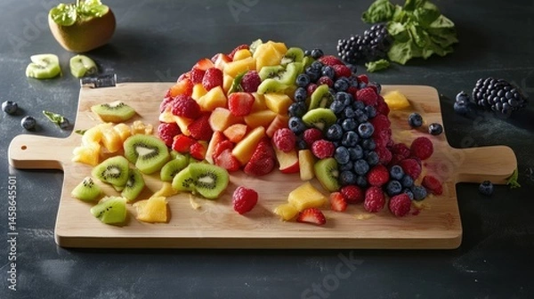 Obraz Artistic representation of a brain using mixed fruits on a wooden board for health education