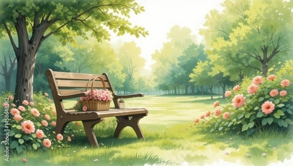 Fototapeta Serene Garden Scene Featuring a Wooden Bench Surrounded by Colorful Flowers and Gentle Sunlight