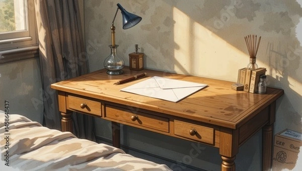 Fototapeta Cozy Morning Light Illuminating a Wooden Desk With Stationery and a Relaxing Atmosphere