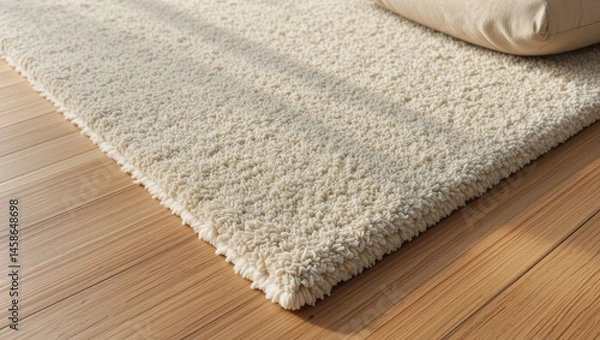 Fototapeta Close-Up of Soft, Beige Carpet on Wooden Floor with Subtle Textures and Natural Light