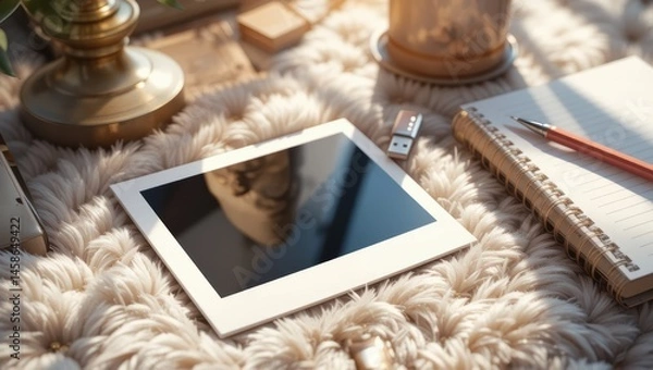 Obraz Modern Workspace with Tablet and Stationery on Fuzzy Surface in Soft Natural Lighting