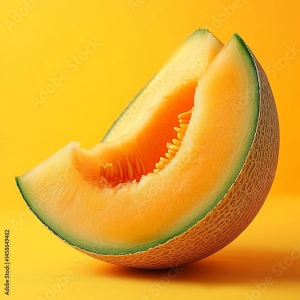 Fototapeta Fresh Cantaloupe Slice, Isolated on Vibrant Yellow Background, Textured, Juicy, and Ready to Eat.