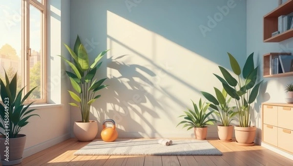 Obraz Modern Interior Room with Lush Green Plants and Natural Sunlight in a Minimalist Setting
