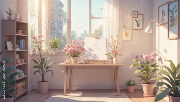 Obraz Bright and Inviting Home Workspace with Sunlight and Flourishing Indoor Plants