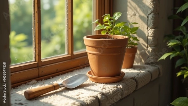 Obraz Sunlight Illuminating Potted Plants on a Windowsill with Garden Tools in a Cozy Indoor Setting