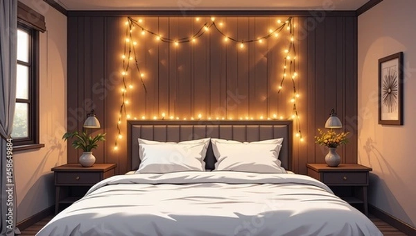 Obraz Cozy Bedroom with Warm Decorative Lights and Modern Furnishings in a Relaxing Atmosphere