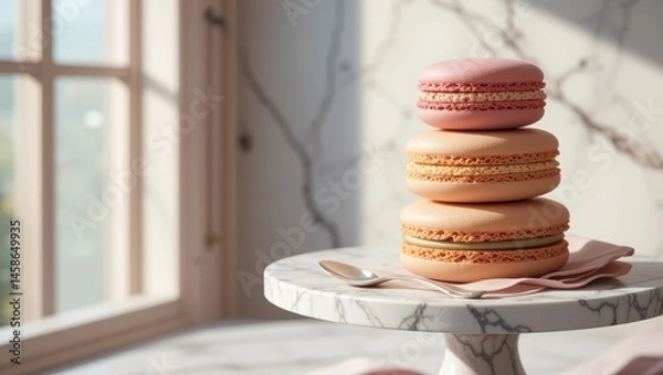 Fototapeta Delicate Stack of Macarons in Soft Pink and Peach Shades on Marble Cake Stand with Natural Light
