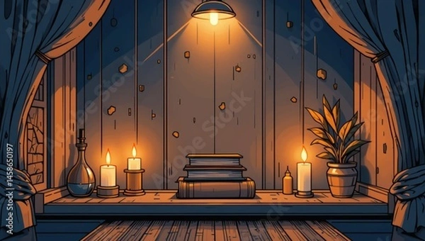Obraz Cozy Interior Scene with Candles, Plants, and Books Creating a Warm Atmosphere at Home