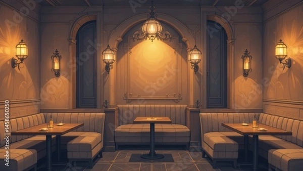 Obraz Elegant Interior of a Modern Restaurant with Ambient Lighting and Cozy Seating Arrangements